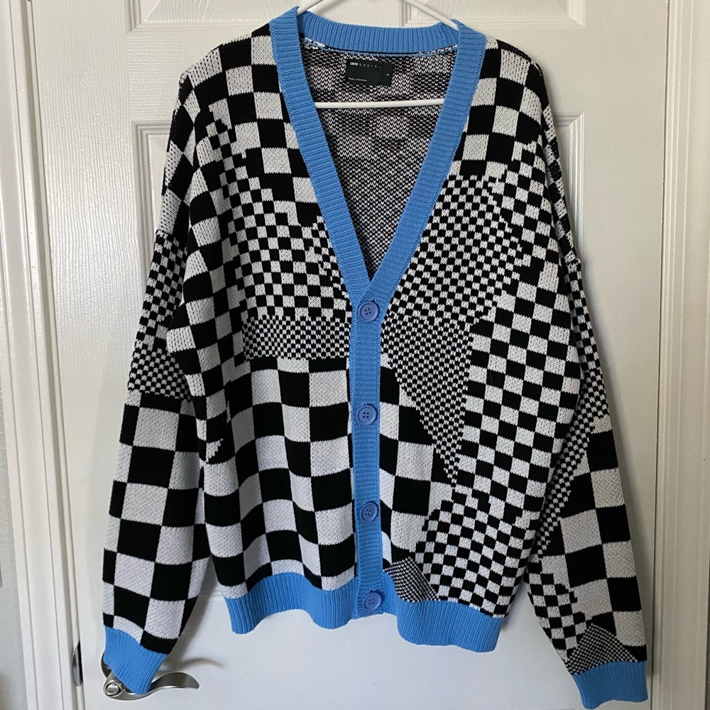 LALA Adjacent ASOS Knit Checkerboard Cardigan in Black & White Button Up Sweater